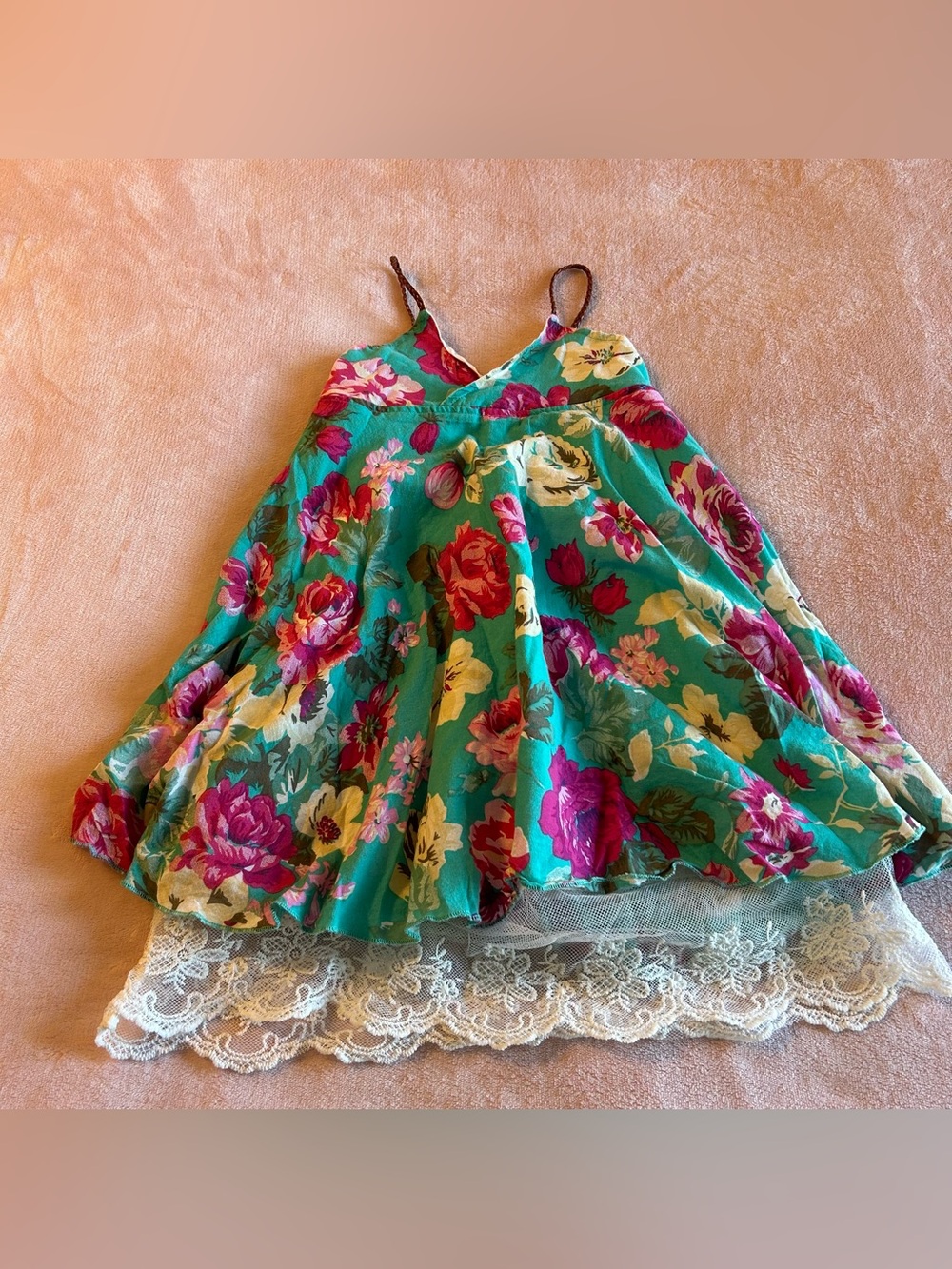 Mud Kingdom teal floral sundress lace trim faux leather straps size 110 (4T)